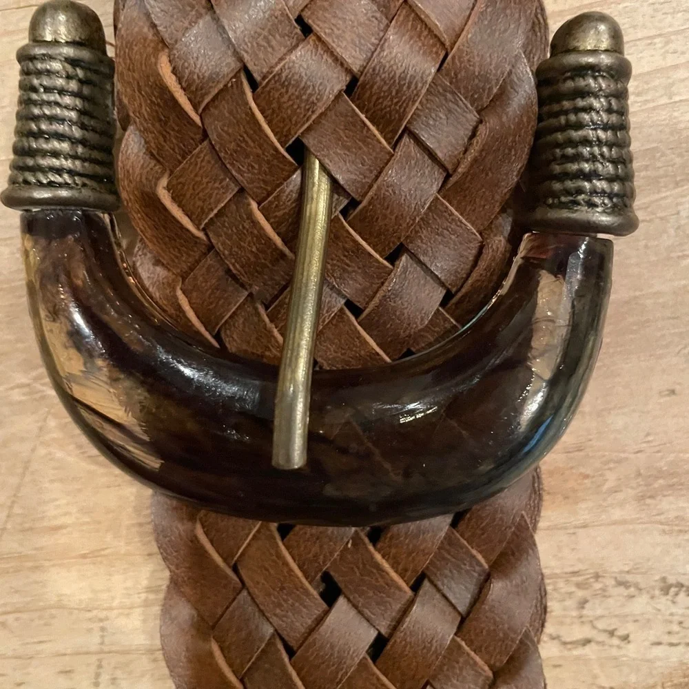 NWOT Boho Western Prairie Braided Leather belt brass tortoiseshell detail S/M